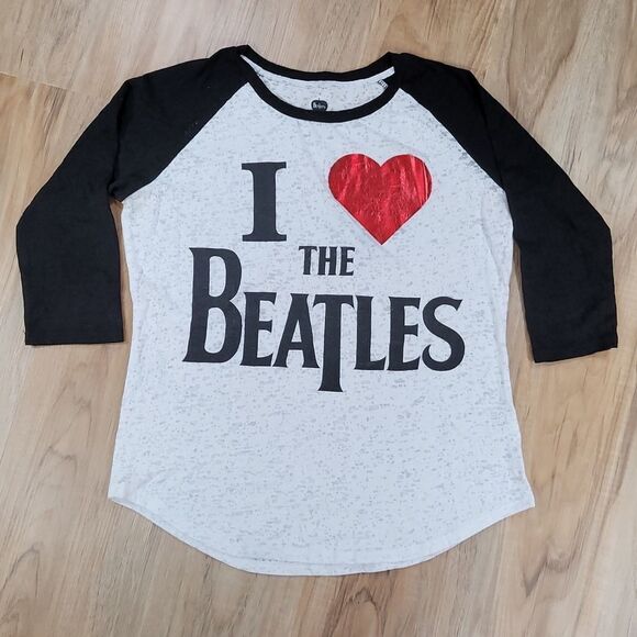 🔹️I ❤ Beatles White w/Black Burnout Baseball Sleeve Top Large - Picture 1 of 8